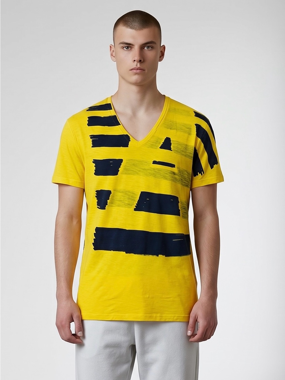 Armani Exchange Yellow Black Brushstroke V-Neck Cotton T-Shirt Size XXL